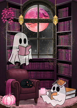 Cozy Library Ghosts Reading Scene