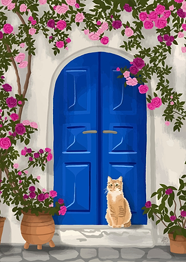 Ginger Cat by Blue Door
