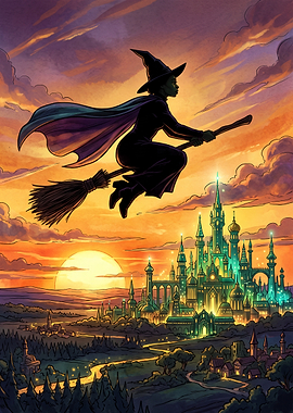 Witch Flying Over Magical Castle