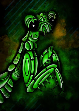 Stylized Mechanical Praying Mantis Illustration