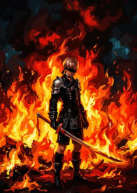 9S Standing Amidst Intense Flames