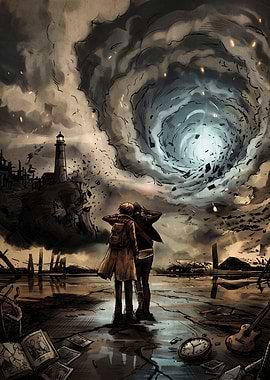 Two Figures Facing a Cosmic Vortex