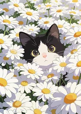 Cute Cat in Daisy Field