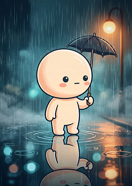 Cute Character Standing in the Rain