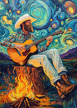 Cowboy Playing Guitar Under Starry Sky