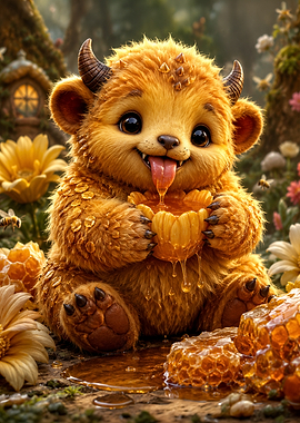 Cute Baby Monster Eating Honey