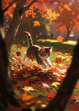 Kitten Playing in Autumn Leaves