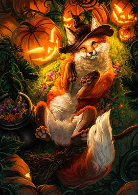 Cute Fox Witch with Halloween Pumpkins