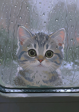 Cute Kitten Looking Through Rainy Window