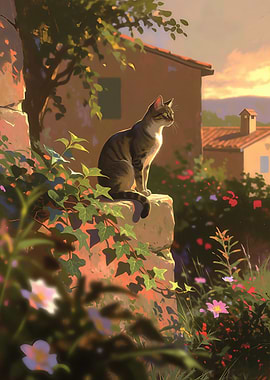 Tabby Cat Sitting in Sunny Garden