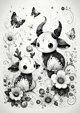Cute Fantasy Creatures in Floral Garden