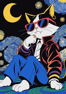 Cool Cat in Starry Night Style