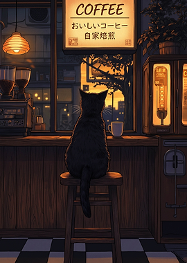 Black Cat Sitting in Coffee Shop