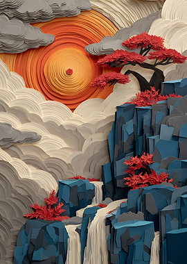Layered Paper Art Mountain Landscape
