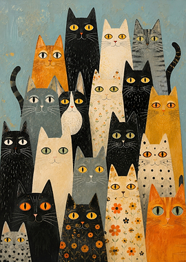 Whimsical Crowd of Colorful Cats