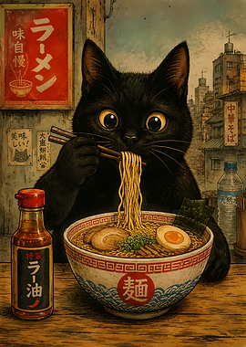 Black Cat Eating Ramen