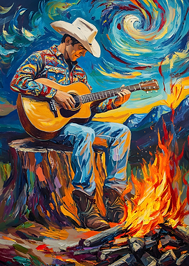 Cowboy Playing Guitar by Campfire