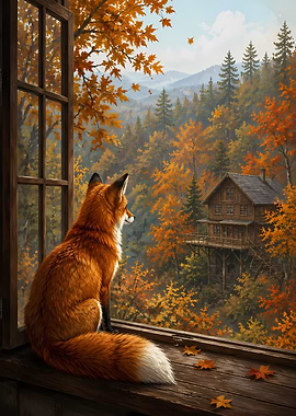 Fox Watching Autumn Forest Cabin