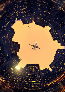Airplane Flying Over Circular City Skyline