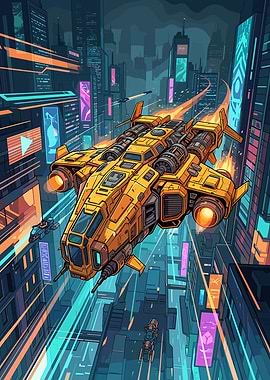 Yellow Spaceship Flying Through Cyberpunk City