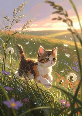 Calico Kitten Playing in Meadow