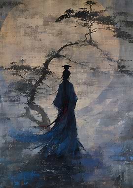 Lone Samurai Under Moonlight