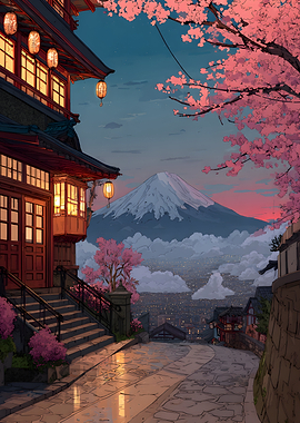 Mount Fuji Sunset with Cherry Blossoms