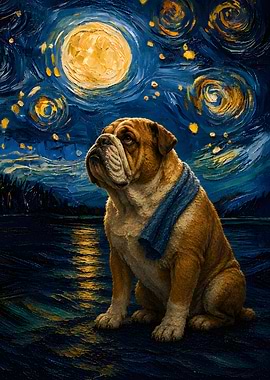 Bulldog Under Starry Night Sky