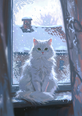 Fluffy White Cat Watching Winter Snow