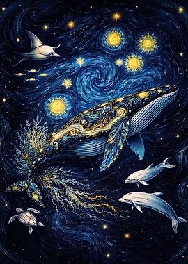Starry Night Whale and Sea Creatures