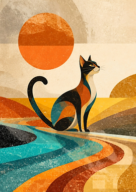 Retro Mid-Century Modern Cat Illustration