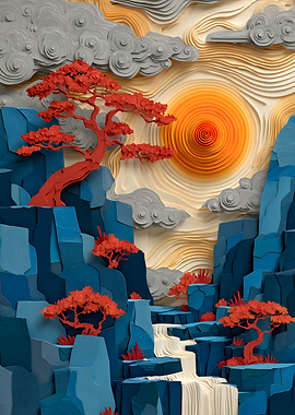 Papercraft Landscape with Red Trees