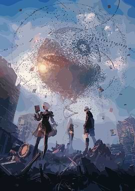 NieR:Automata Characters in Ruined City