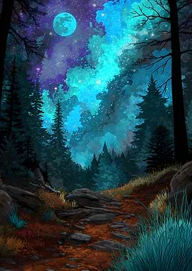 Ethereal Forest Under Glowing Night Sky