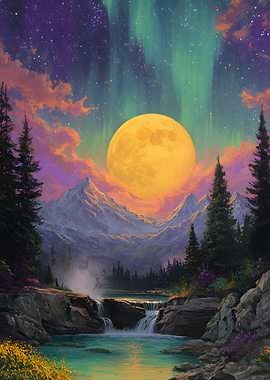 Golden Moon Over Mountain Waterfall