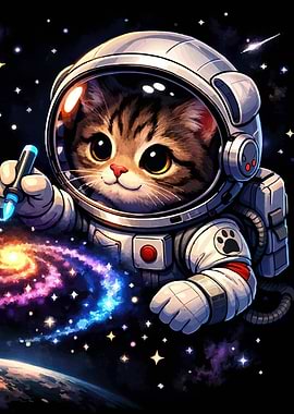 Cute Astronaut Kitten Painting Galaxy