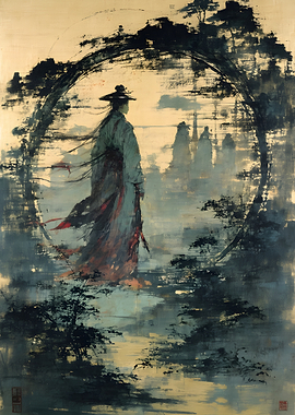 Ethereal Samurai Silhouette in Golden Mist
