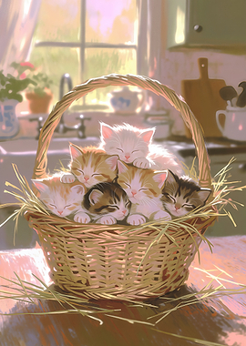 Six Kittens Sleeping in a Basket
