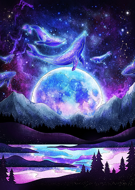 Whales Swimming in Cosmic Night Sky