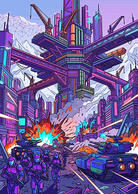 Futuristic Cyberpunk Military Battle Scene