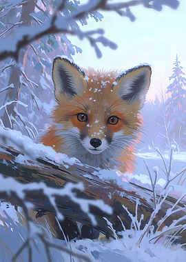 Cute Fox in Snowy Forest