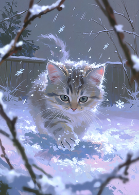 Cute Kitten Playing in Snow