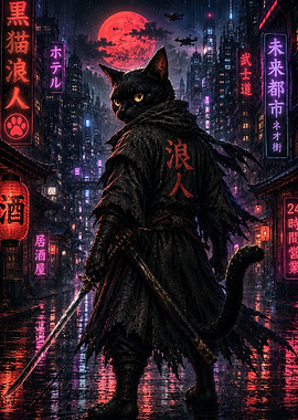 Black Cat Ronin Cyberpunk Japanese Wall Art
