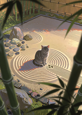 Cat Sitting in Zen Garden