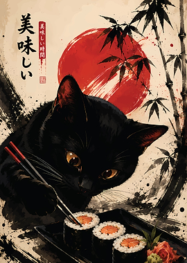Black Cat Eating Sushi Illustration