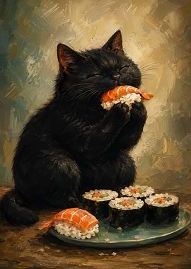 Black Cat Eating Sushi