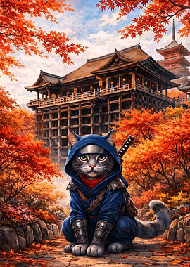 Ninja Cat in Autumn Temple Setting