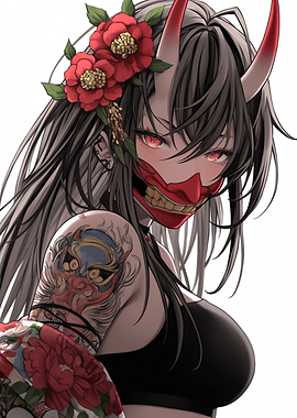 Anime Girl with Oni Mask Tattoo