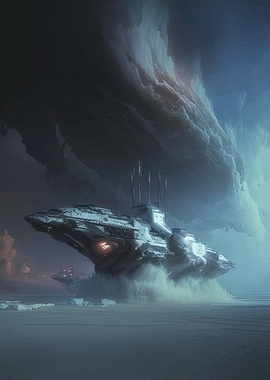 Futuristic Spaceship Landing on Icy Planet
