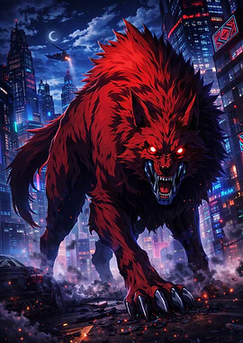Giant Red Werewolf in Cyberpunk City